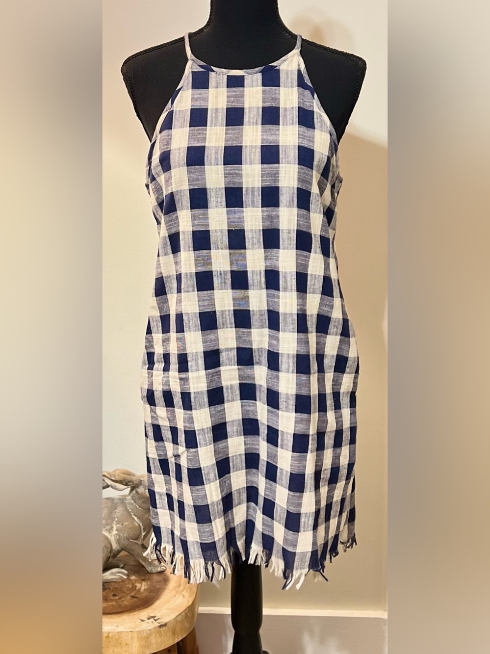 PPLA Laurie woven navy and white gingham pocket dress with a halter neckline